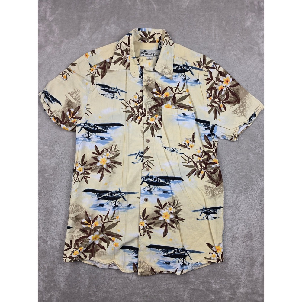 Oliver & Burke Hawaiian Shirt Mens Small Yellow Seaplane Tropical Cotton Rayon